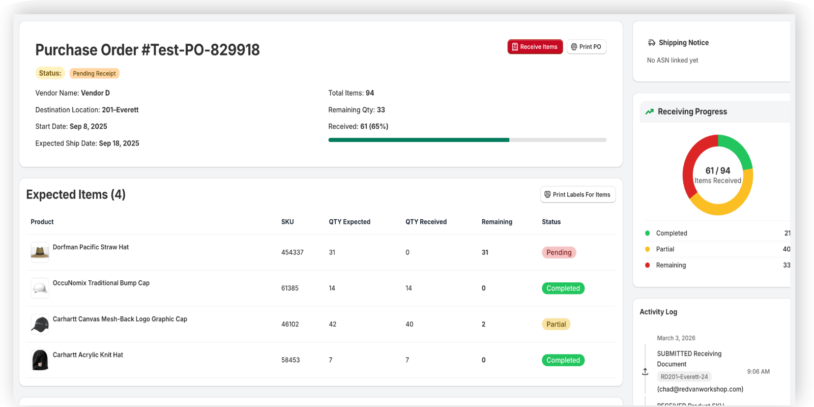 Purchase Orders dashboard with receiving progress in the Retail Operations Suite