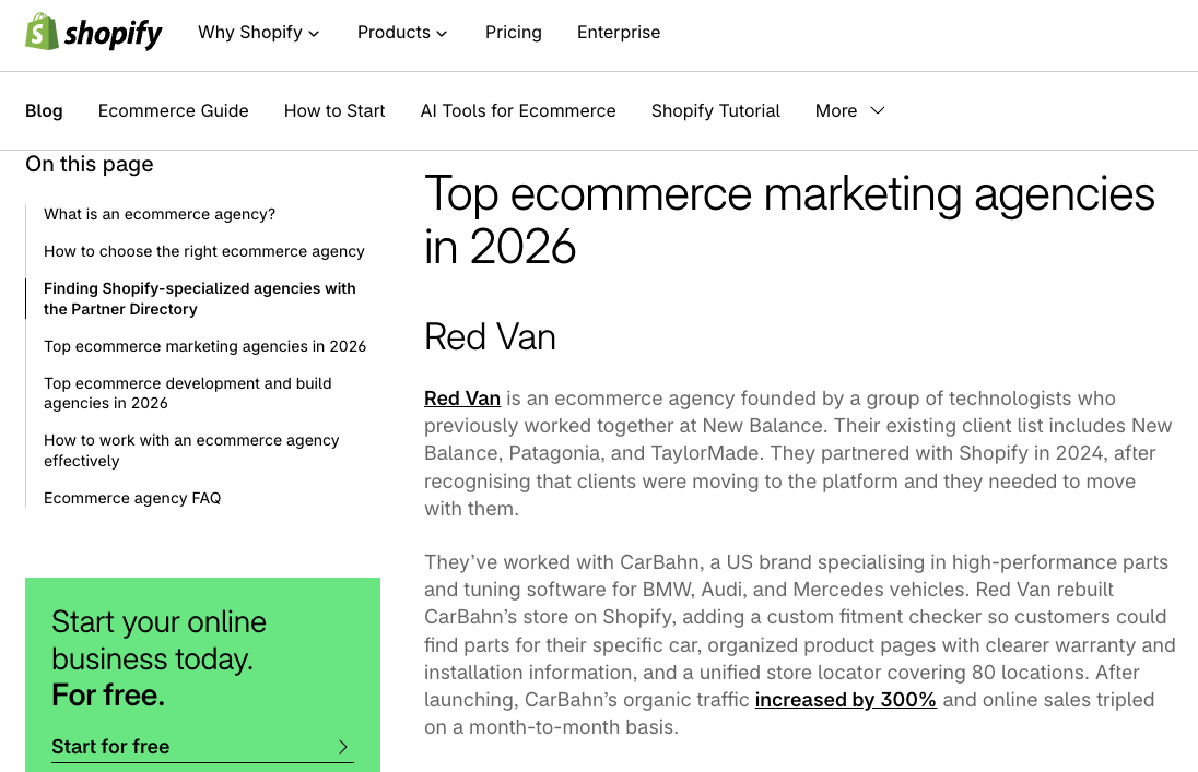 Shopify's 2026 guide naming Red Van a top ecommerce marketing agency